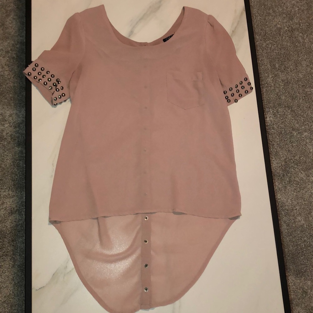 Blush colored blouse with beaded sleeves